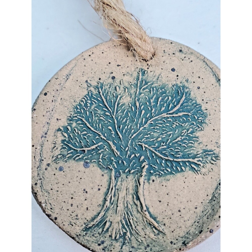 Handmade Pottery Tree of Life Ornament Speckled Clay Double Sided Round Signed